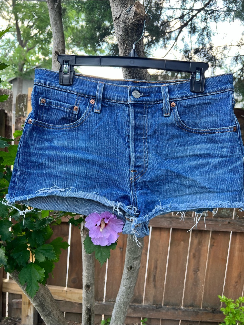 Levis 501 Jean Shorts 28 Low 10” Med Rise med blue whiskers red tan denim 6